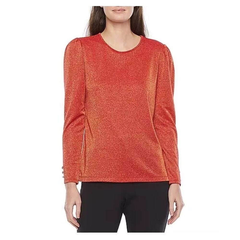 NWT Liz Claiborne Women's Red Gold Crew Neck Long Sleeve Blouse Sz XL